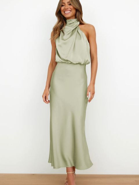 Women's Sleeveless Halter Dress - Elegant Satin - Fitted Waist - Formal Evening Wear