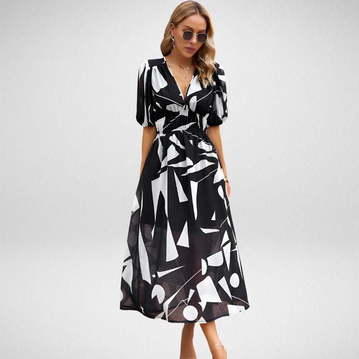 Women’s Maxi Dress – Flowing Fit – Puff Sleeve – V-Neck – Breathable Blend – Elegant Style