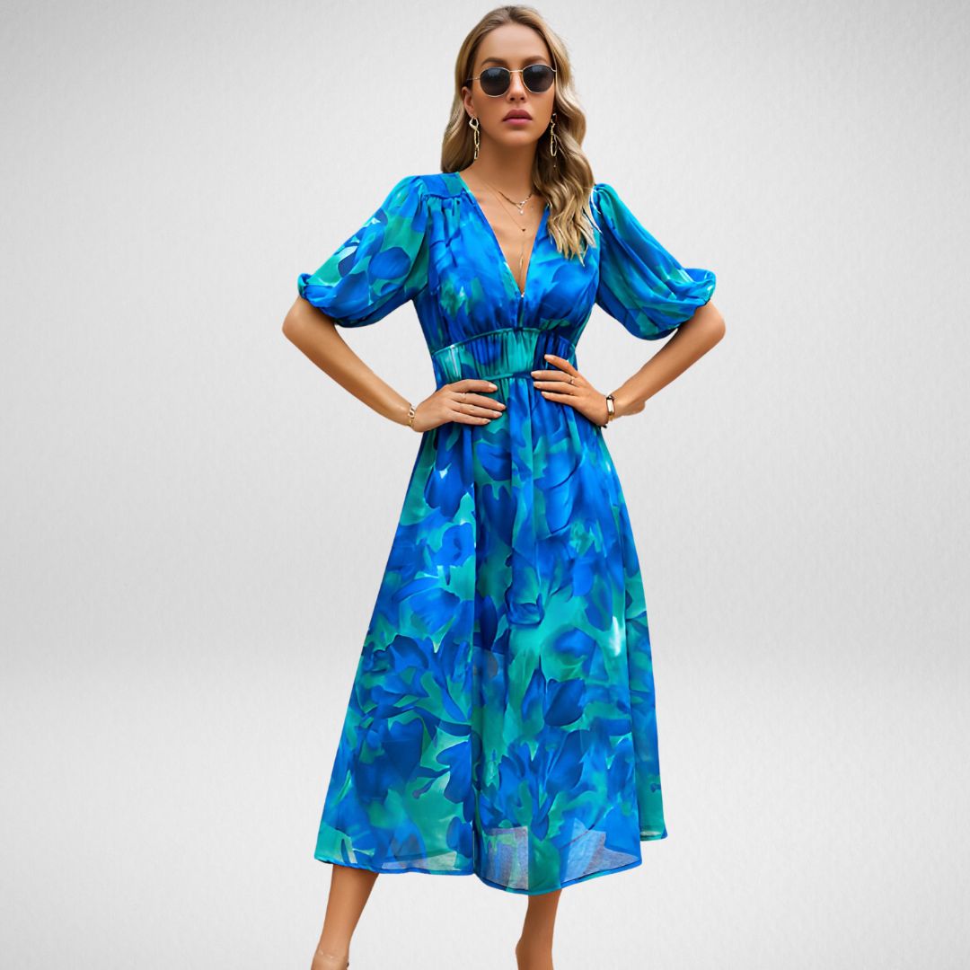 Women’s Maxi Dress – Flowing Fit – Puff Sleeve – V-Neck – Breathable Blend – Elegant Style