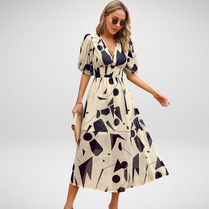 Women’s Maxi Dress – Flowing Fit – Puff Sleeve – V-Neck – Breathable Blend – Elegant Style