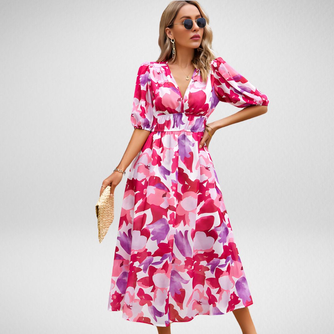 Women’s Maxi Dress – Flowing Fit – Puff Sleeve – V-Neck – Breathable Blend – Elegant Style