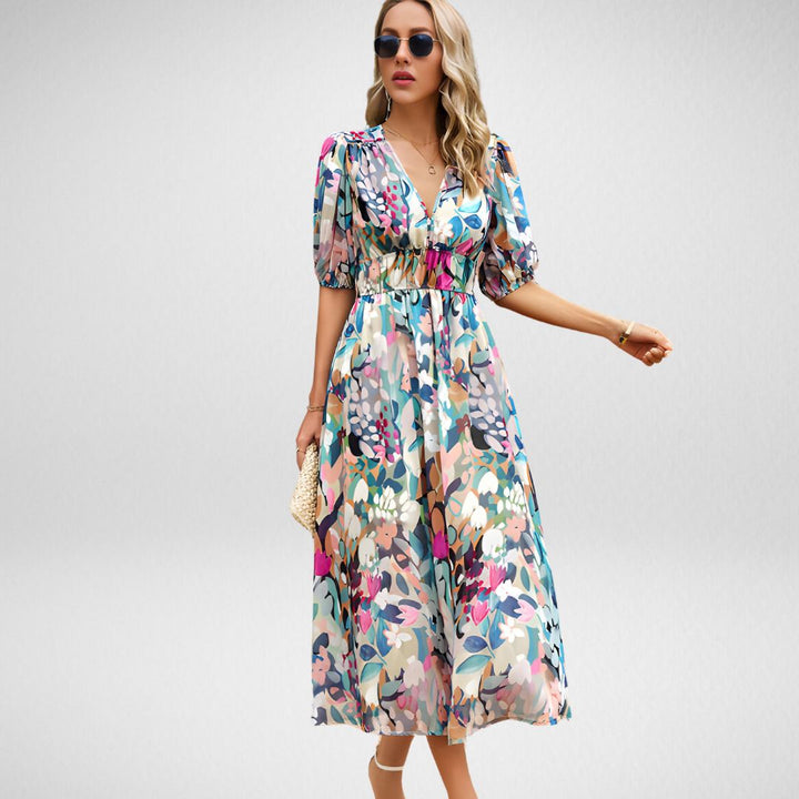 Women’s Maxi Dress – Flowing Fit – Puff Sleeve – V-Neck – Breathable Blend – Elegant Style