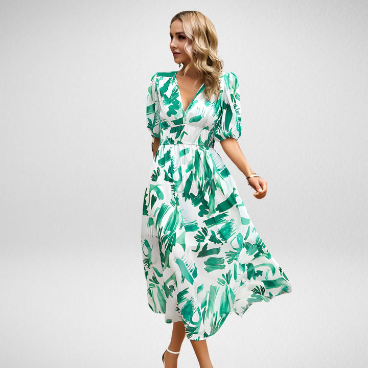 Women’s Maxi Dress – Flowing Fit – Puff Sleeve – V-Neck – Breathable Blend – Elegant Style