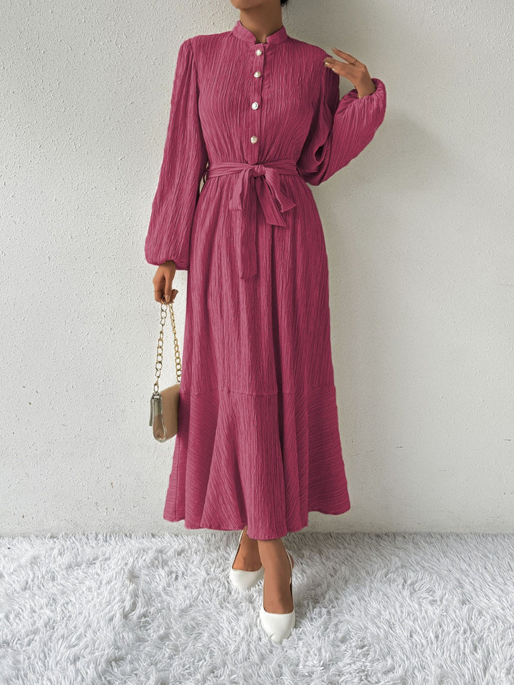 Women's Maxi Dress - Pleated Texture - Long Sleeve High Neck - Waist Tie Elegant Fit