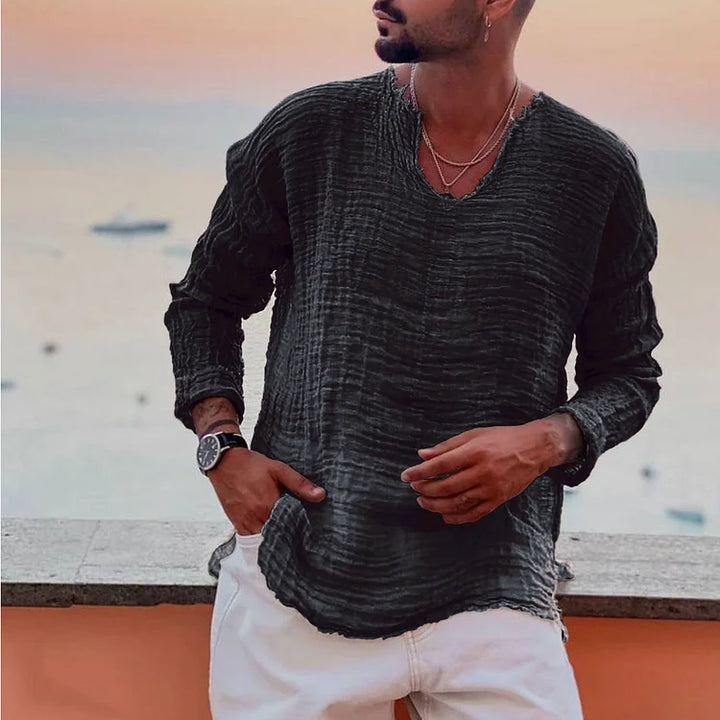 Men’s V-Neck Shirt – Relaxed Fit – Long Sleeve – Crinkled Texture – Breathable Blend