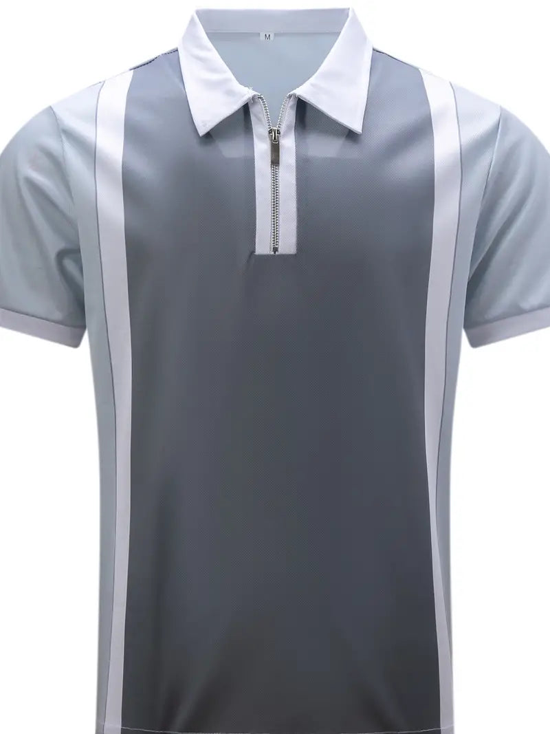 Men’s Polo Shirt - Half Zip - Short Sleeve Ribbed Cuffs - Vertical Stripe Casual Wear