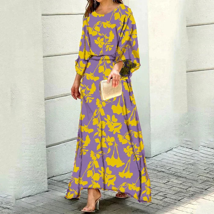 Women's Maxi Dress - Abstract Print - Relaxed Fit - Three-Quarter Sleeve - Flowy Elegant Style