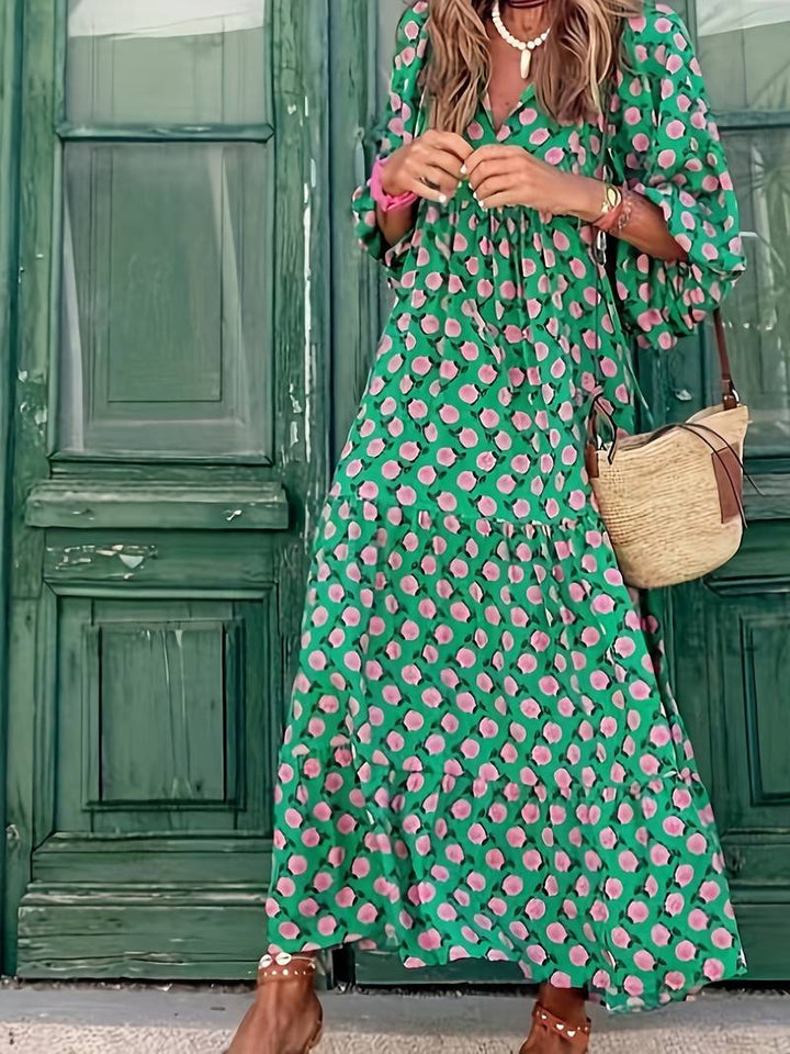 Women's Maxi Dress - Boho Diamond Pattern - V-Neck - Three-Quarter Sleeves - Flowy Fit