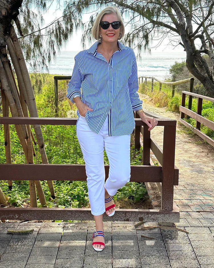 Women’s Button-Up Shirt – Lightweight Cotton – Relaxed Fit – Striped Casual Style