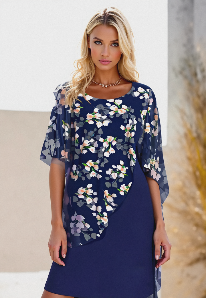 Women’s Midi Dress – Relaxed Fit – Floral Pattern – Asymmetrical Overlay – Lightweight