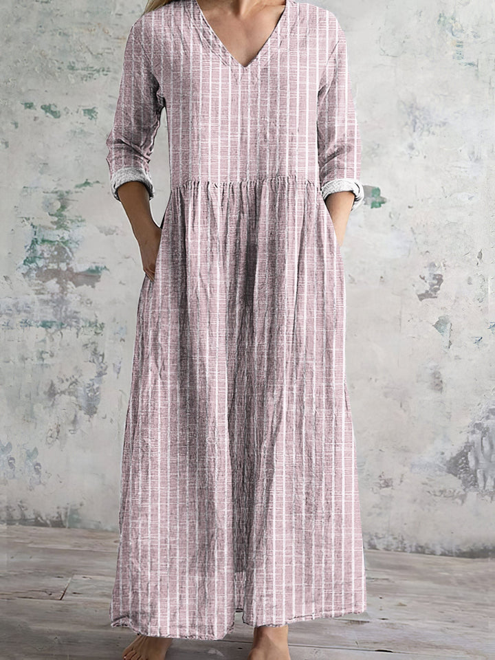 Women’s Maxi Dress – Natural Fibers – Relaxed Fit – V-Neck – Long Sleeve – Striped Pattern