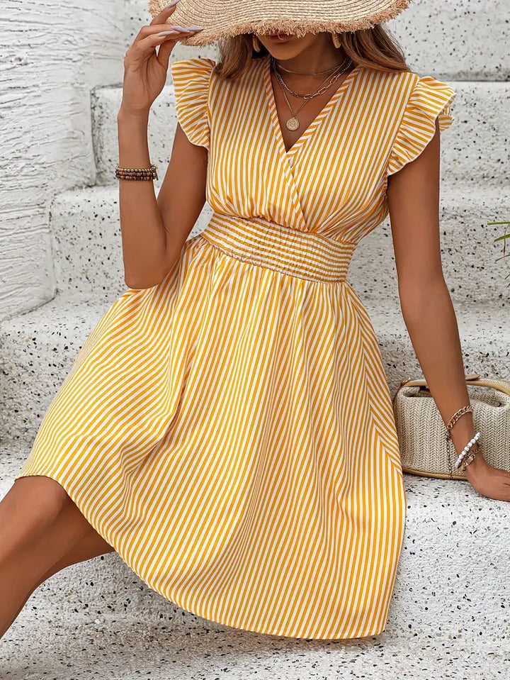 Women's A-Line Dress - Striped Pattern - V-Neck - Ruffled Cap Sleeves - Fitted Waist