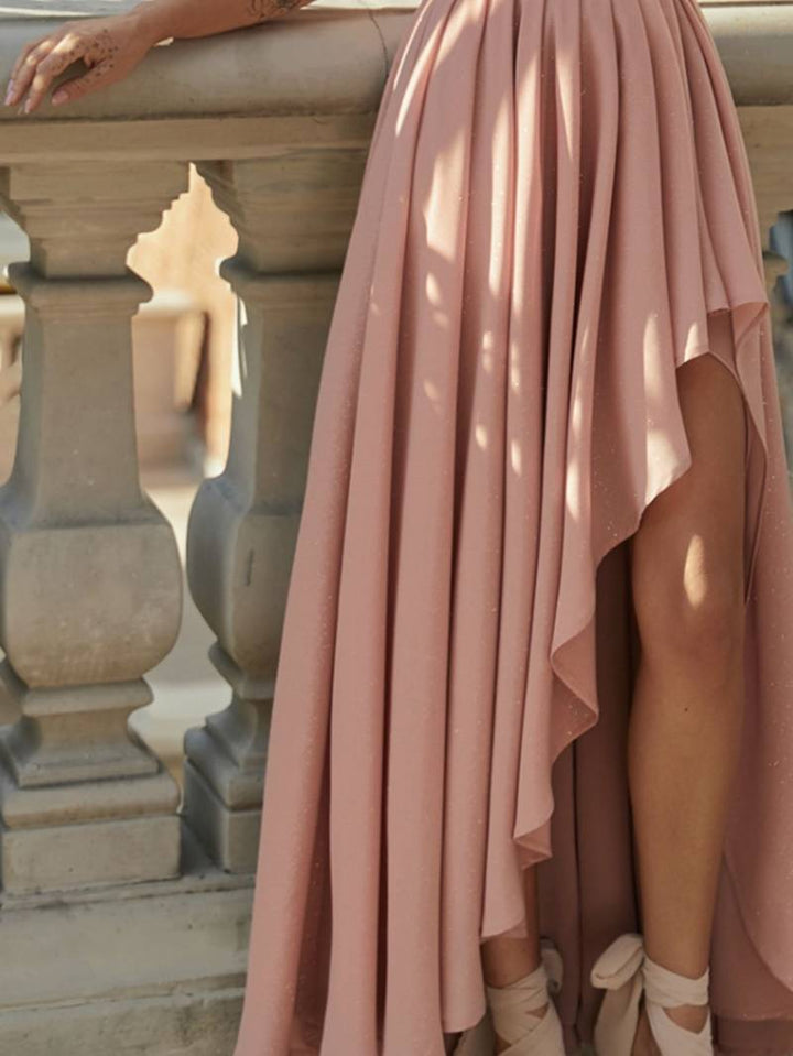 Women's High-Low Dress - V-Neck - Flowy Lightweight Fabric - Elegant Formal Wear