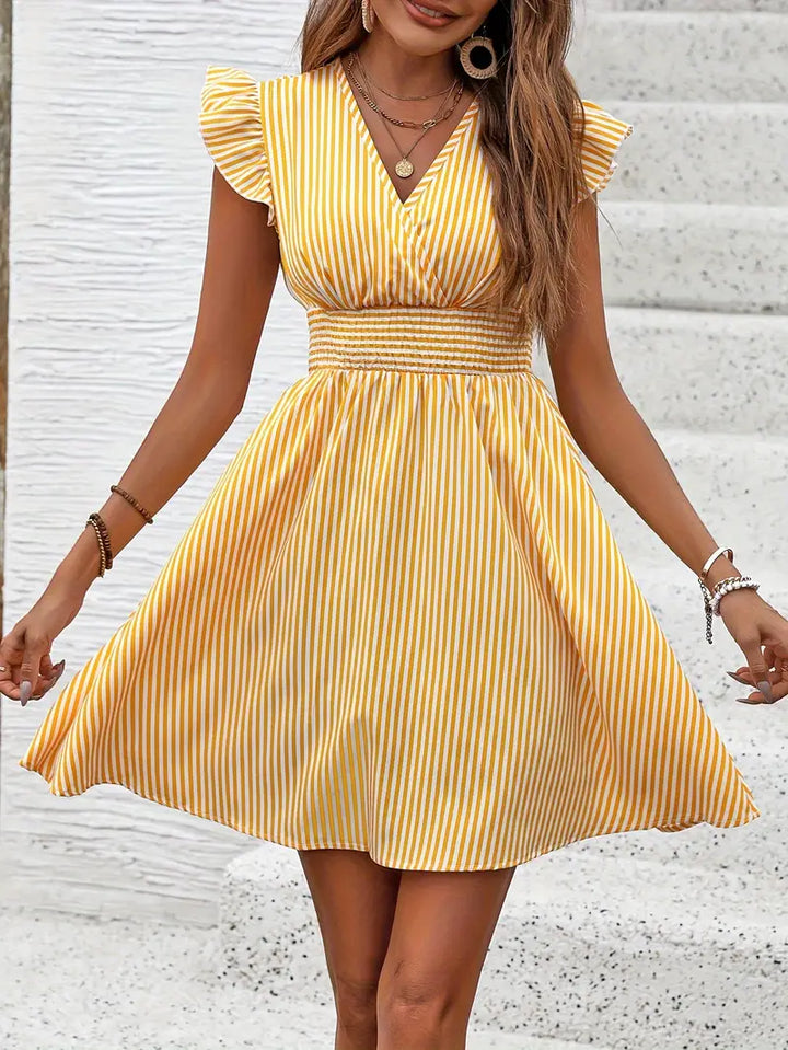 Women's A-Line Dress - Striped Pattern - V-Neck - Ruffled Cap Sleeves - Fitted Waist