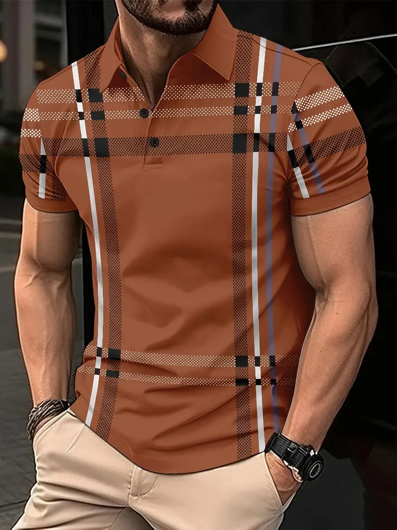 Men's Polo Shirt - Plaid Pattern - Slim Fit - Short Sleeve Button-Down Collar