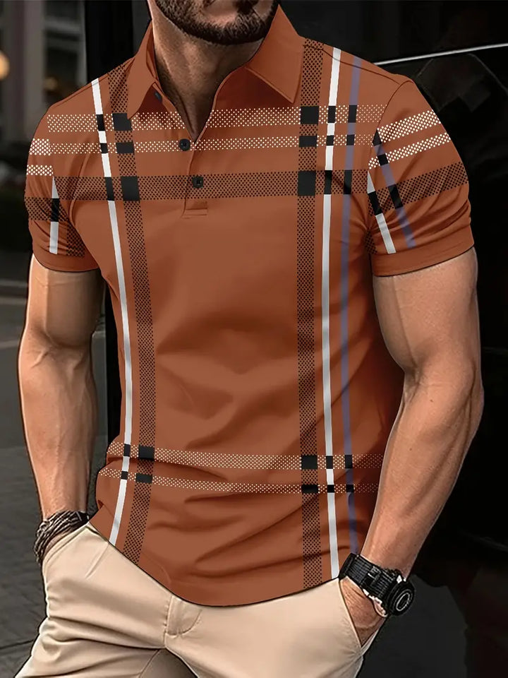 Men's Polo Shirt - Plaid Pattern - Slim Fit - Short Sleeve Button-Down Collar