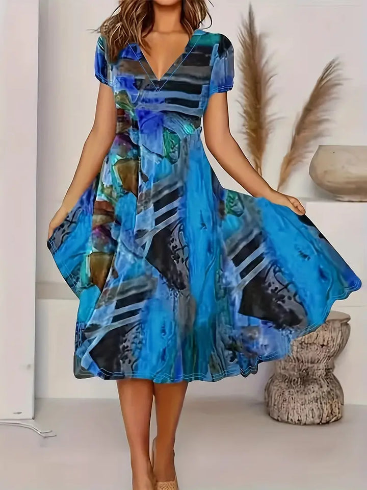 Women's Dress - V-Neck Midi - Short Sleeve Flared Fit - Lightweight Casual Elegant