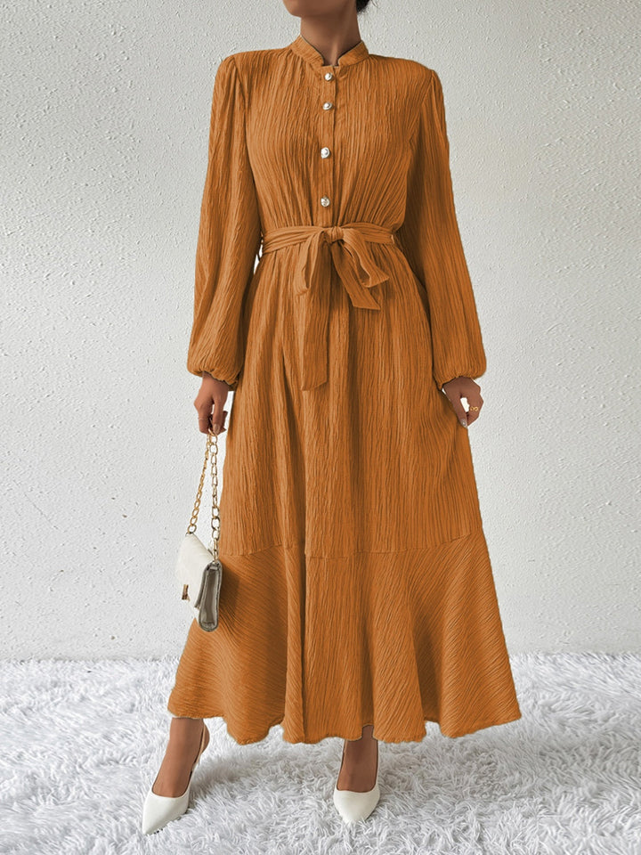 Women's Maxi Dress - Pleated Texture - Long Sleeve High Neck - Waist Tie Elegant Fit
