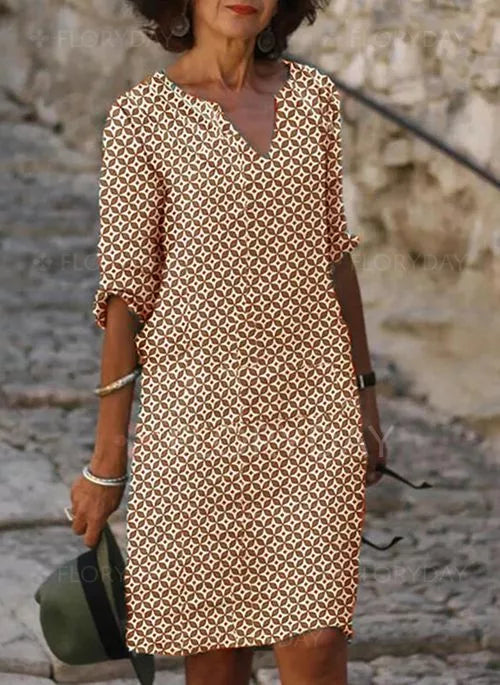 Women’s Knee-Length Dress – Relaxed Fit – V-Neck – 3/4 Sleeve – Geometric Print – Breathable Blend