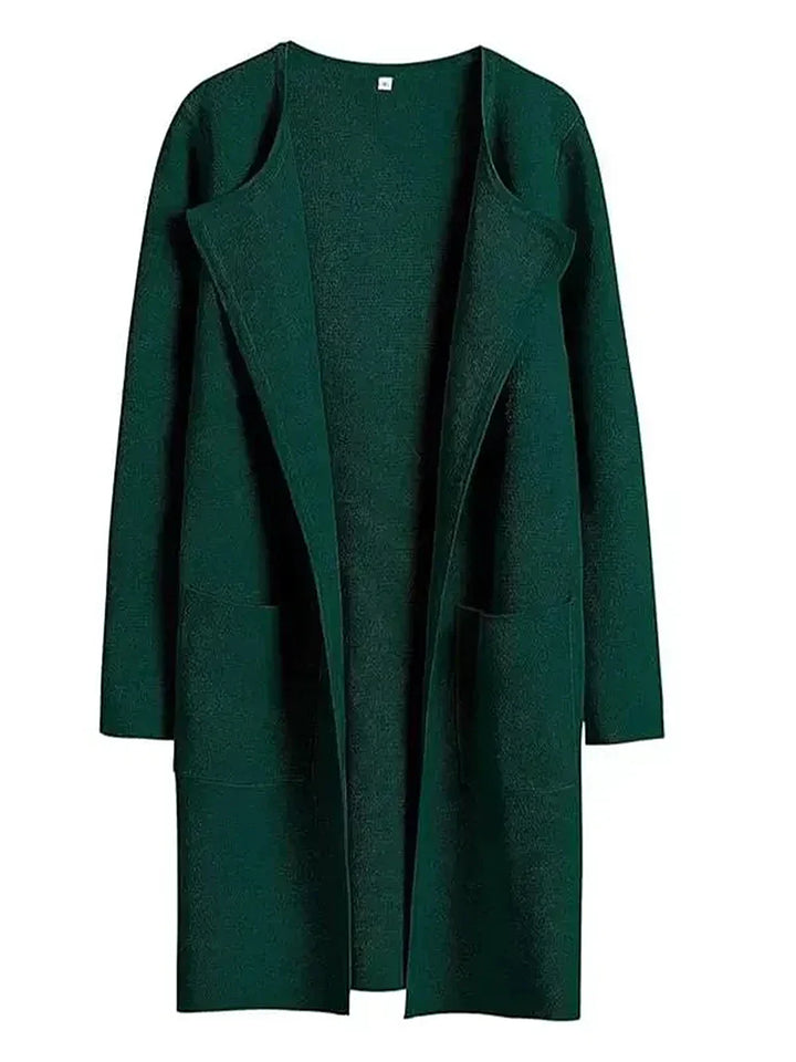 Women’s Knee-Length Coat - Wool Blend - Relaxed Fit - Wide Lapel Minimalist Design