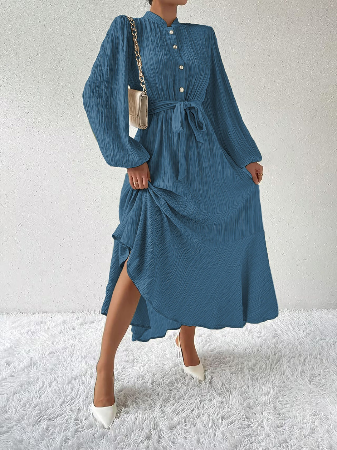 Women's Maxi Dress - Pleated Texture - Long Sleeve High Neck - Waist Tie Elegant Fit
