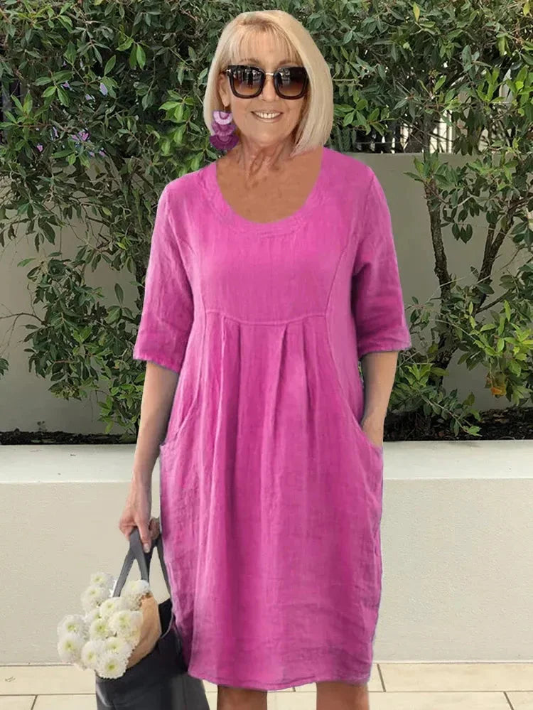 Women's Midi Dress - Natural Fibers - Relaxed Fit - Scoop Neck - Elbow Sleeve - Pockets