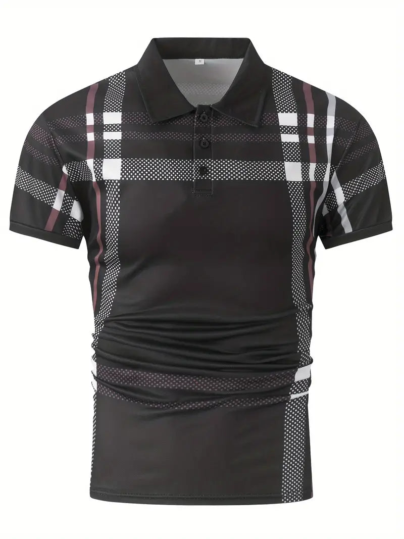 Men's Polo Shirt - Plaid Pattern - Slim Fit - Short Sleeve Button-Down Collar