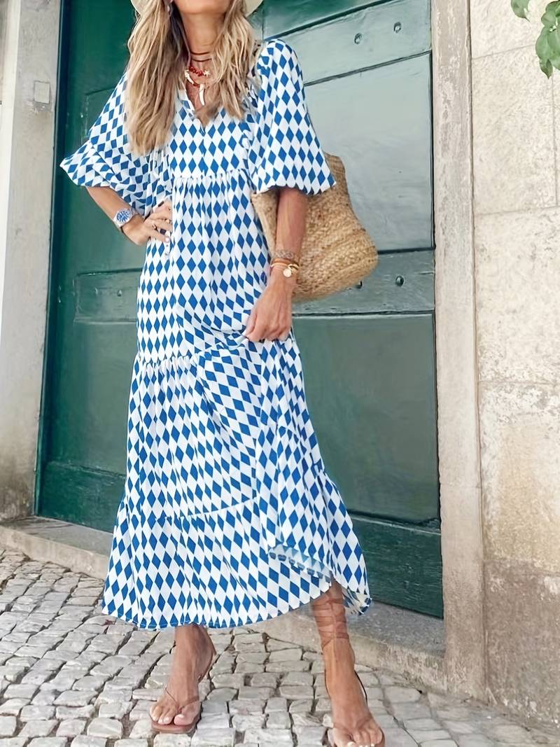 Women's Maxi Dress - Boho Diamond Pattern - V-Neck - Three-Quarter Sleeves - Flowy Fit