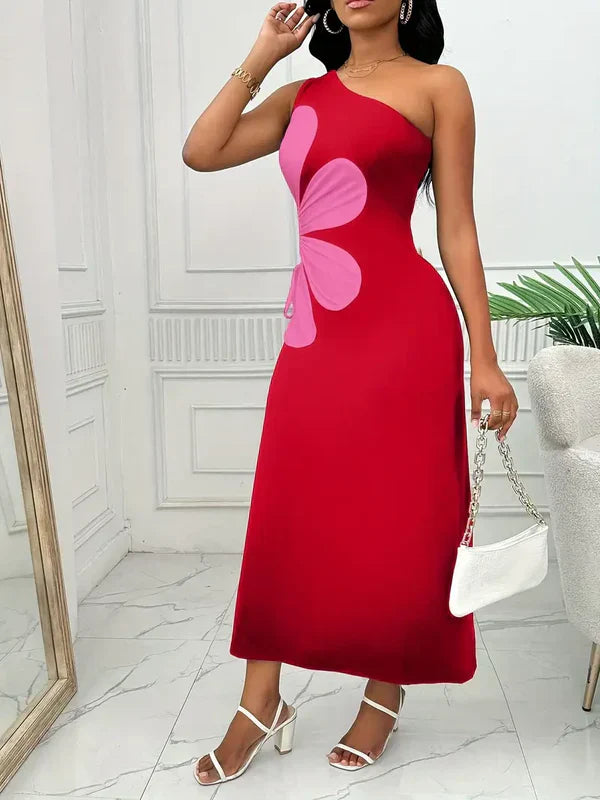 Women's Maxi Dress - One-Shoulder - Floral Applique - Flowing Relaxed Fit