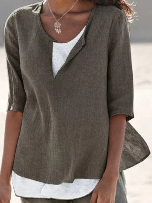 Women’s Layered Blouse – Relaxed Fit – Mid Sleeve – Breathable Blend – V-Neck Casual