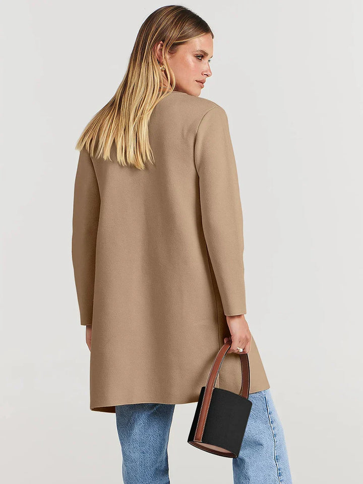 Women’s Knee-Length Coat - Wool Blend - Relaxed Fit - Wide Lapel Minimalist Design