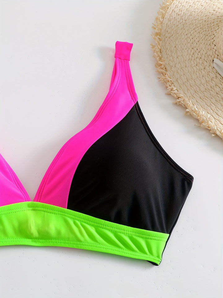 Women’s Bikini Set – V-Neck Top – Ruched Straps – High-Waisted – Sculpting Fit
