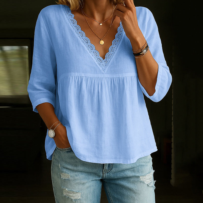 Women’s V-Neck T-Shirt – Natural Fibers – Relaxed Fit – Lace Trim – 3/4 Sleeve