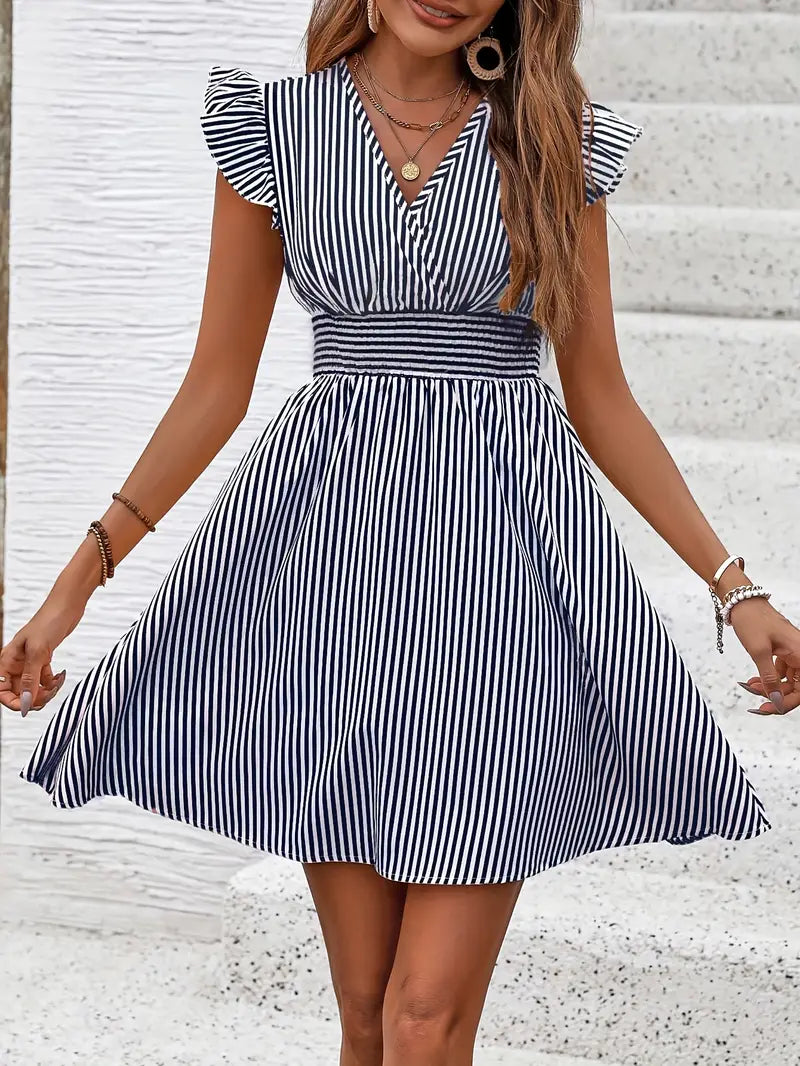 Women's A-Line Dress - Striped Pattern - V-Neck - Ruffled Cap Sleeves - Fitted Waist
