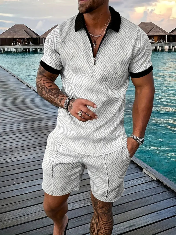Men’s Polo Shirt and Shorts Set – Slim Fit – Zip Placket – Breathable Textured Fabric