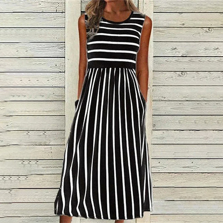 Women’s Tank Midi Dress – Relaxed Fit – Natural Fibers – Striped Pattern – Sleeveless
