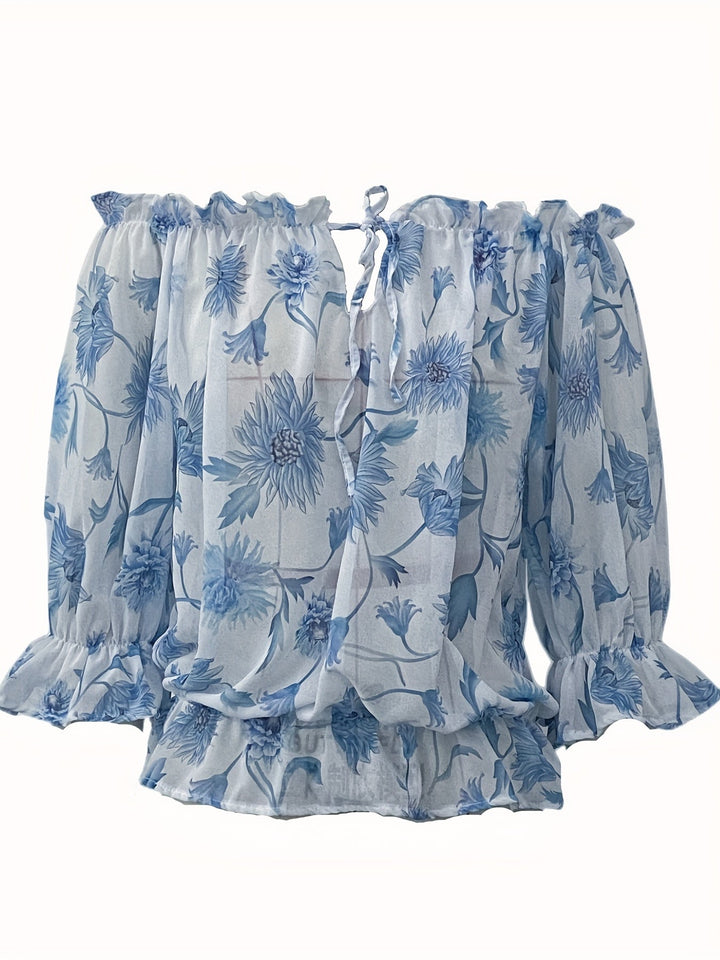 Women’s Off-Shoulder Blouse – Floral Print – Long Puff Sleeve – Tie Front – Casual Fit