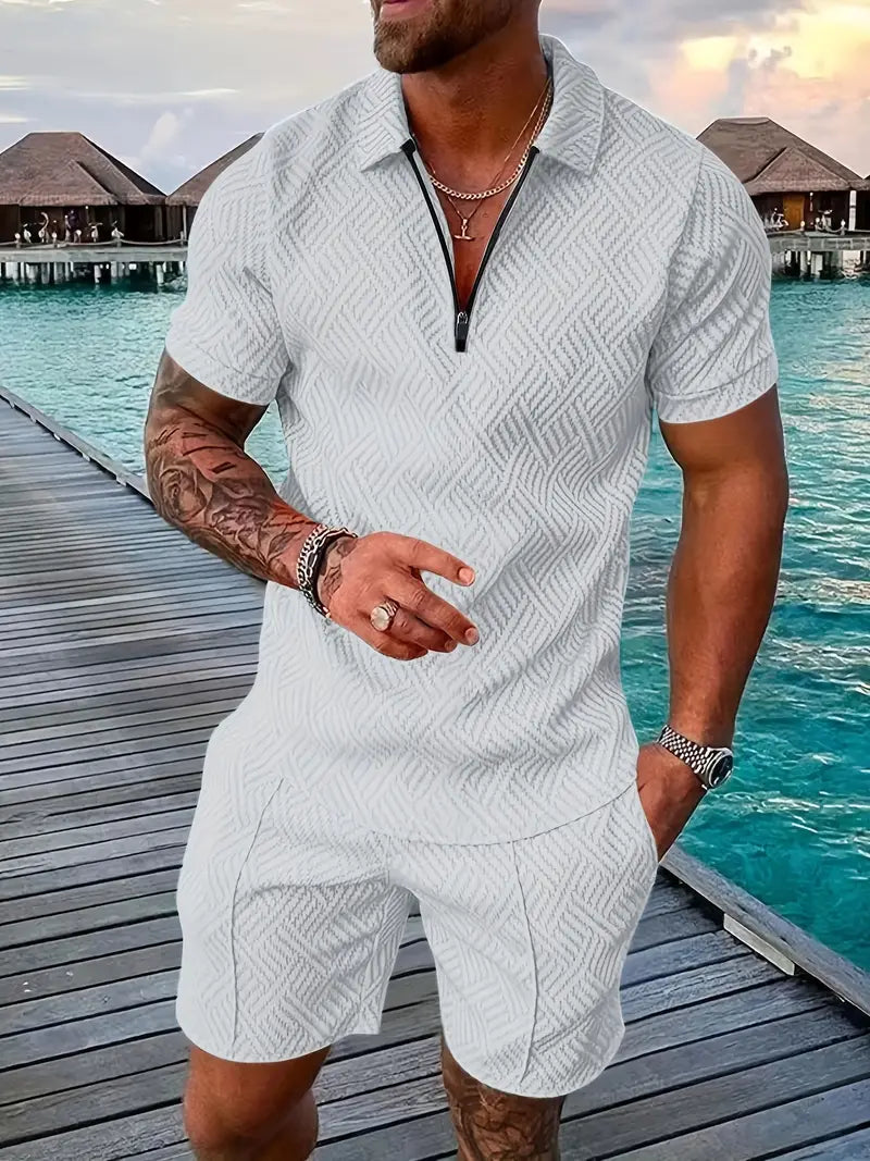 Men’s Polo Shirt and Shorts Set – Slim Fit – Zip Placket – Breathable Textured Fabric