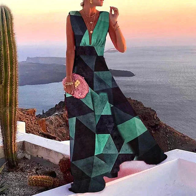 Women’s Maxi Dress – Sleeveless Flowy Fit – Deep V-Neck – Breathable Blend – Floral Print