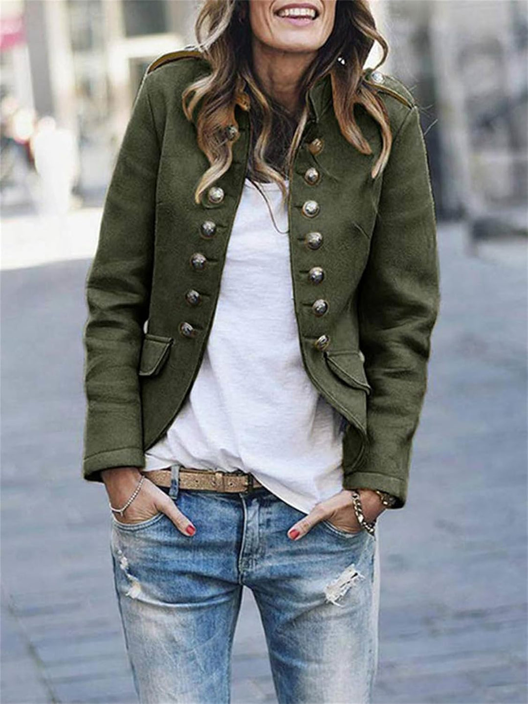 Women’s Military Jacket – Structured Fit – Button Front – Hip Length – Tailored Silhouette
