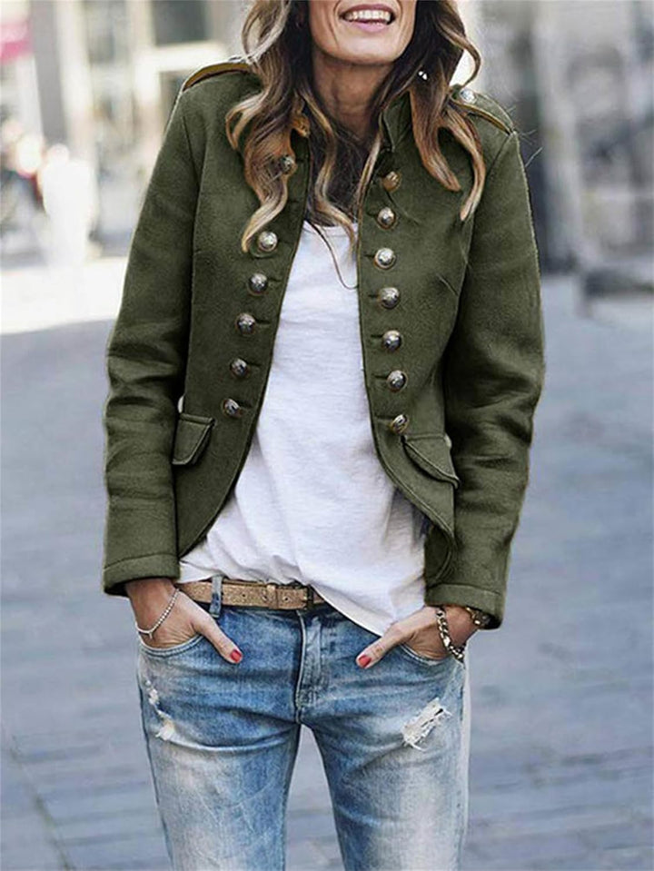 Women’s Military Jacket – Structured Fit – Button Front – Hip Length – Tailored Silhouette