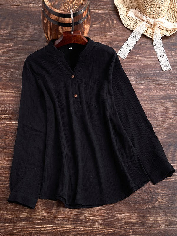 Women’s Blouse – Relaxed Fit – Soft Textured – Long Sleeve – Chest Pockets – Button Front