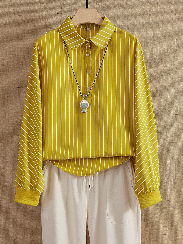 Women’s Collared Shirt – Relaxed Fit – Vertical Stripes – Breathable Blend – Long Sleeve