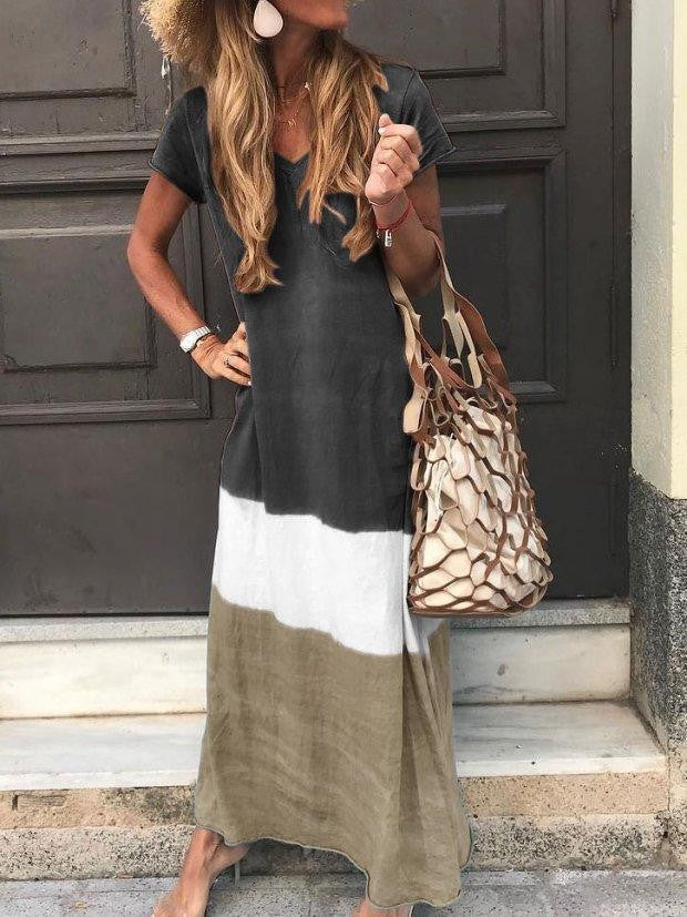 Women’s Maxi Dress – Relaxed Fit – V-Neck – Short Sleeve – Striped Patchwork – Breathable Blend