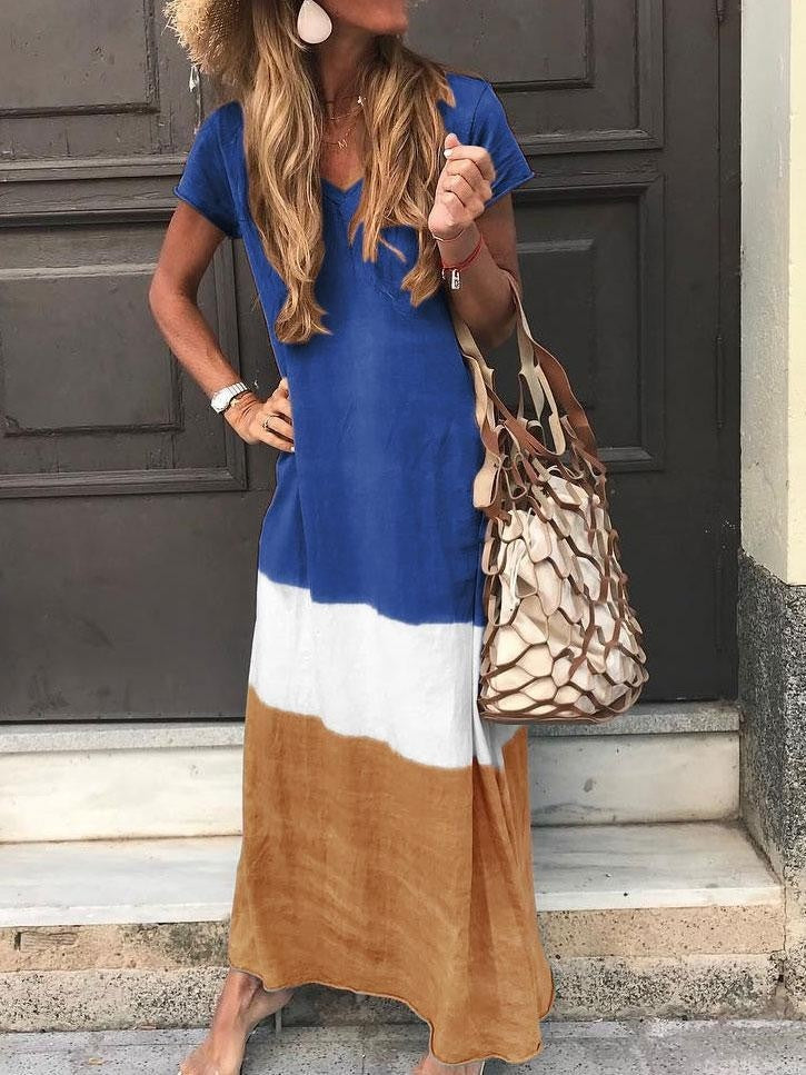 Women’s Maxi Dress – Relaxed Fit – V-Neck – Short Sleeve – Striped Patchwork – Breathable Blend