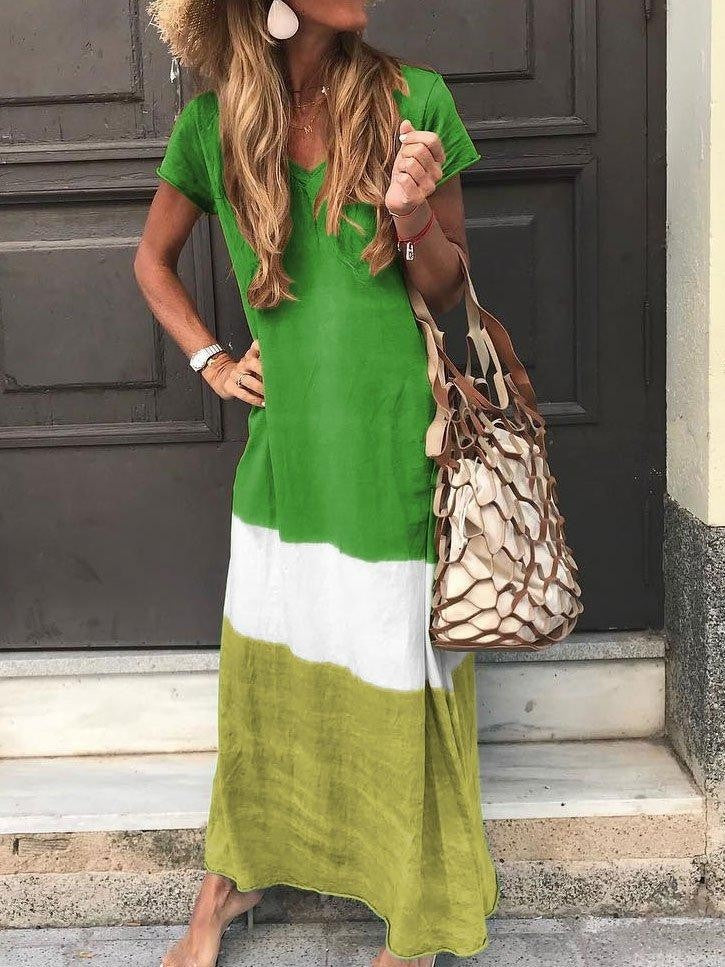 Women’s Maxi Dress – Relaxed Fit – V-Neck – Short Sleeve – Striped Patchwork – Breathable Blend