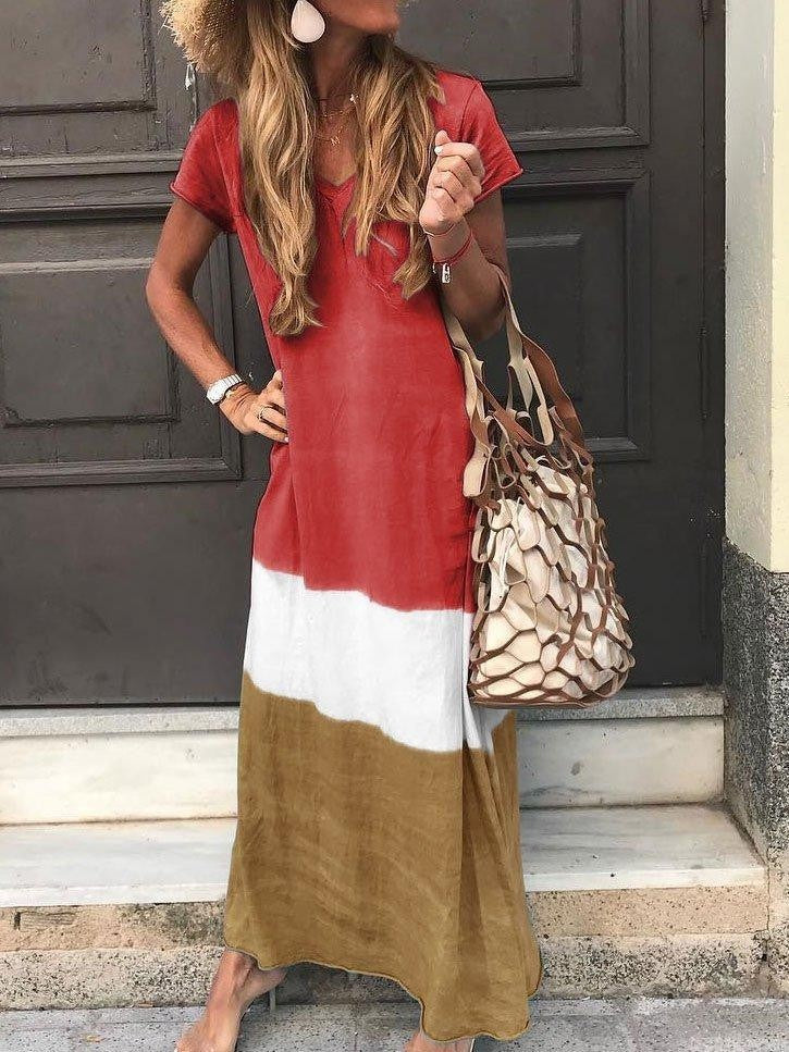 Women’s Maxi Dress – Relaxed Fit – V-Neck – Short Sleeve – Striped Patchwork – Breathable Blend
