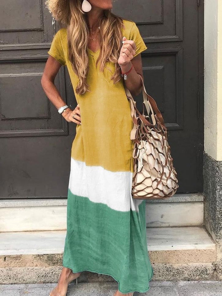 Women’s Maxi Dress – Relaxed Fit – V-Neck – Short Sleeve – Striped Patchwork – Breathable Blend