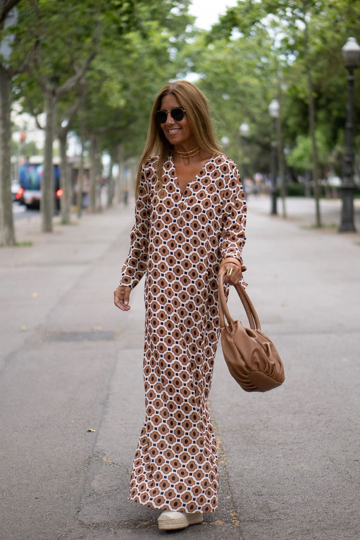 Women's Maxi Dress - Long Sleeve - Geometric Pattern - Loose Fit - V-Neck Flowy Design