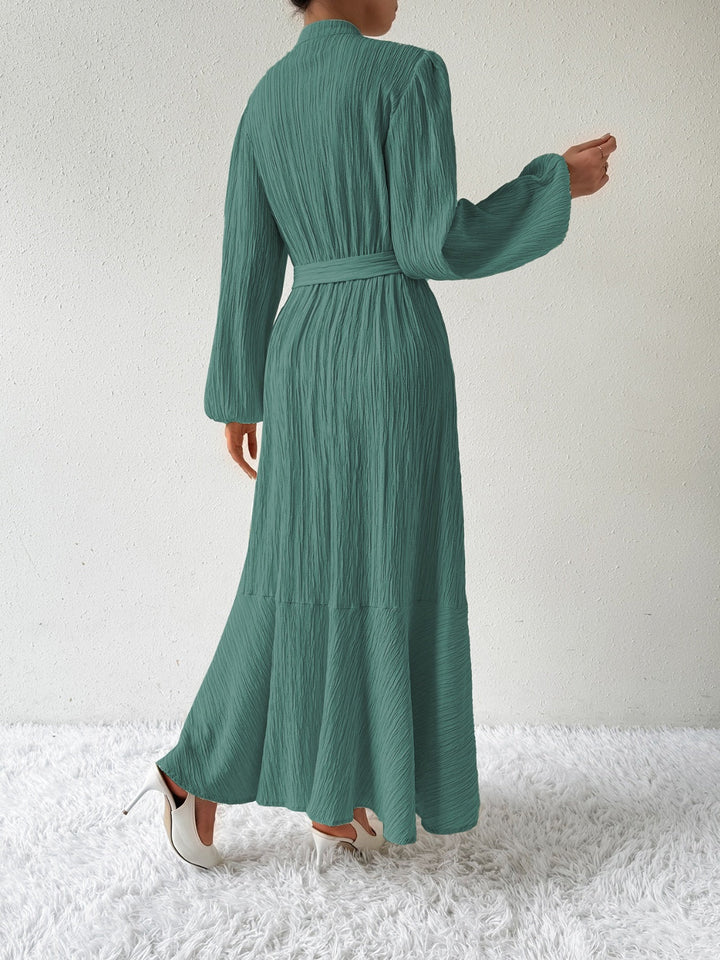 Women's Maxi Dress - Pleated Texture - Long Sleeve High Neck - Waist Tie Elegant Fit